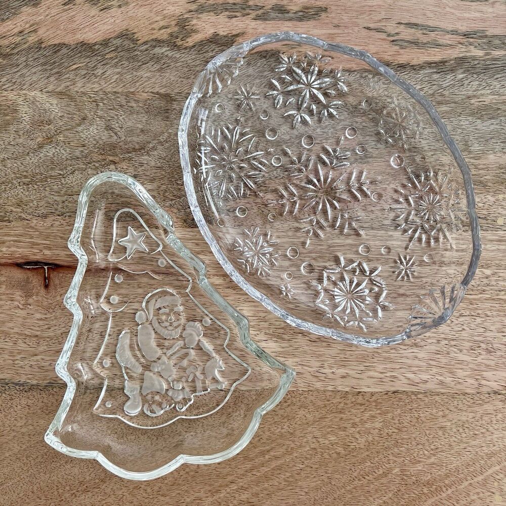 Set of Two Small Christmas Themed Crystal Platters Dishes Great Condition